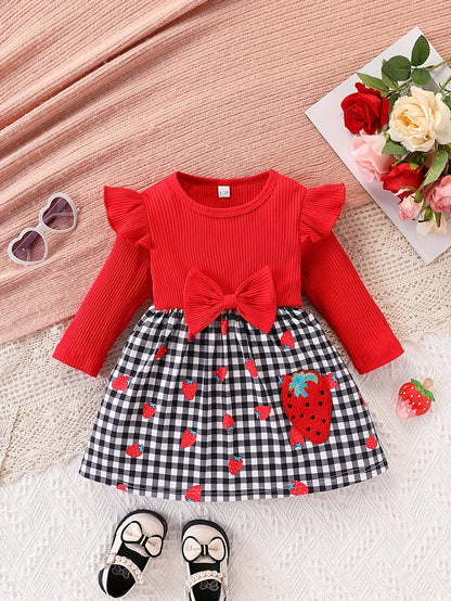 Baby Girl's Red & Black Gingham Checkered Dress with Ruffle Hem - Long Sleeve Round Neck Umbrella, Soft Fabric Casual Outfit for Newborn Toddler Girls, Easy Diaper Change, Girls Christmas Outfit, Christmas Dress Girls, Girls