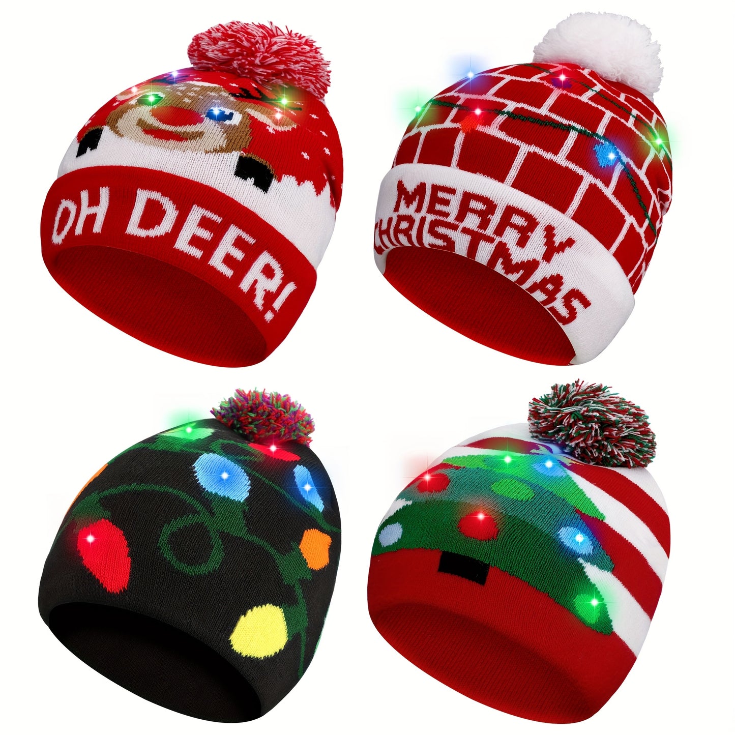 4pcs LED Light-Up Christmas Hats - Festive Knit Winter Hats with Glitter Accents, Perfect for Adults & Kids, Christmas & New Year Celebrations,  Material, Battery Operated (Button Battery), Christmas Accessories Halloween&Chr
