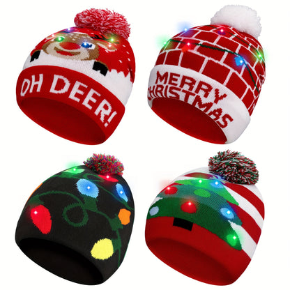 4pcs LED Light-Up Christmas Hats - Festive Knit Winter Hats with Glitter Accents, Perfect for Adults & Kids, Christmas & New Year Celebrations,  Material, Battery Operated (Button Battery), Christmas Accessories Halloween&Chr