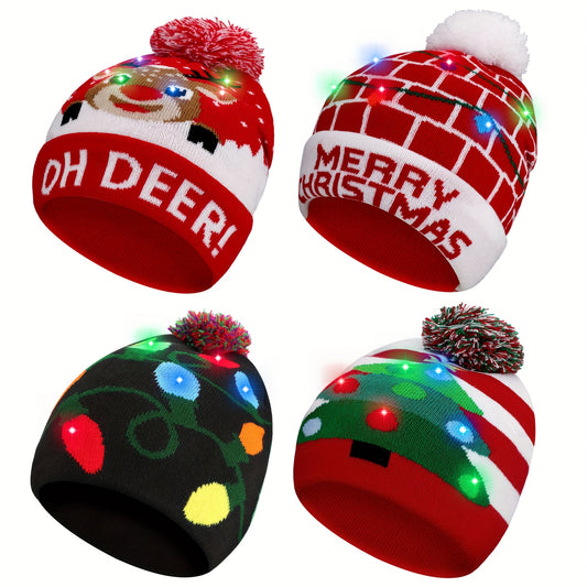 4pcs LED Light-Up Christmas Hats - Festive Knit Winter Hats with Glitter Accents, Perfect for Adults & Kids, Christmas & New Year Celebrations,  Material, Battery Operated (Button Battery), Christmas Accessories Halloween&Chr