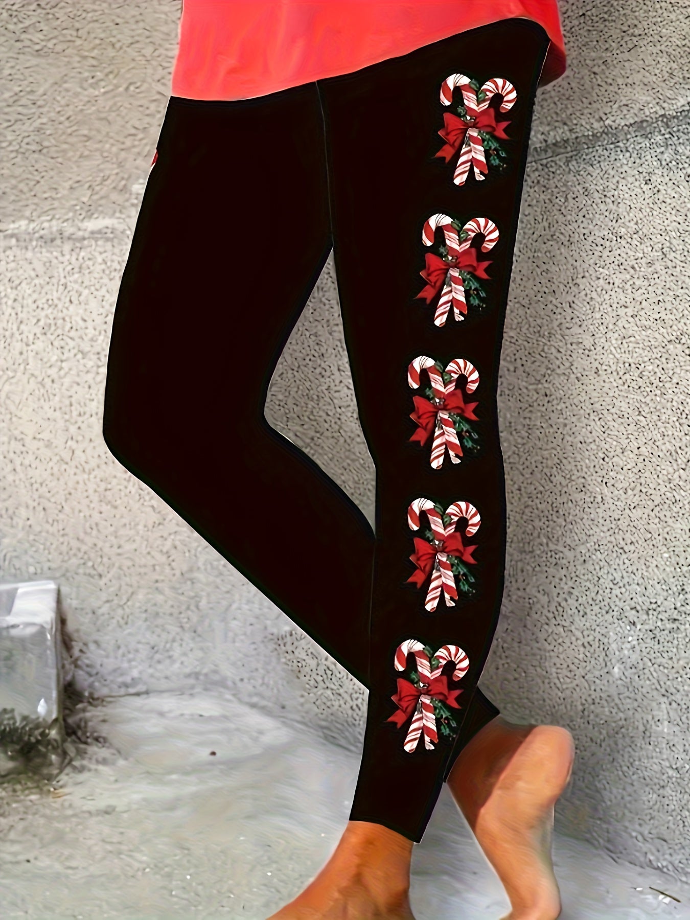 Plus Size, Women's Elegant Christmas Leggings - Stretchy Skinny Pants with Candy Cane & Holly Print, Red/Green/White/Black, Machine Washable Tights for Holiday Parties, Casual & Formal Outfits (Spring, Summer, Fall) - Festive