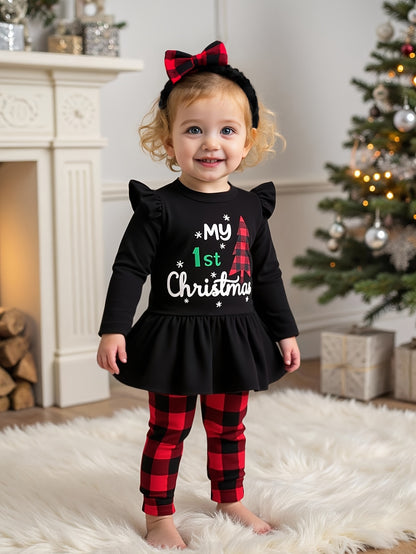 Adorable Baby Girl Christmas Outfit - Cozy Long-Sleeve Dress with "My 1st Christmas" Tree Print, Matching Checkered Pants & Red Bow Tie Scarf - Perfect Holiday Set for Newborns, Baby Girl Christmas Clothes, Perfect for Outdoo