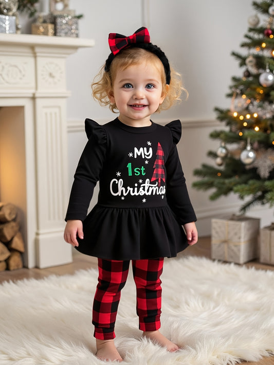 Adorable Baby Girl Christmas Outfit - Cozy Long-Sleeve Dress with "My 1st Christmas" Tree Print, Matching Checkered Pants & Red Bow Tie Scarf - Perfect Holiday Set for Newborns, Baby Girl Christmas Clothes, Perfect for Outdoo
