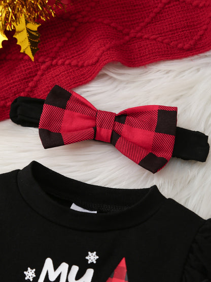 Adorable Baby Girl Christmas Outfit - Cozy Long-Sleeve Dress with "My 1st Christmas" Tree Print, Matching Checkered Pants & Red Bow Tie Scarf - Perfect Holiday Set for Newborns, Baby Girl Christmas Clothes, Perfect for Outdoo