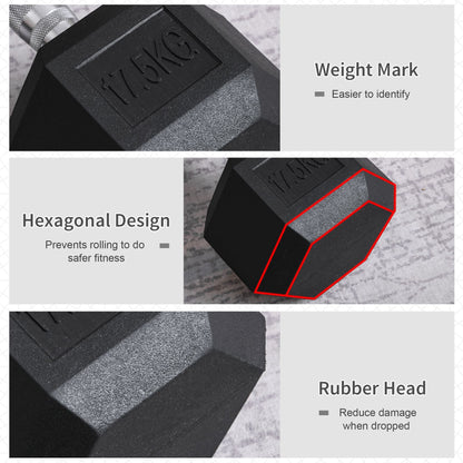 HOMCOM 17.5KG Single Rubber Hex Dumbbell Portable Hand Weights Dumbbell Home Gym Workout Fitness Hand Dumbbell